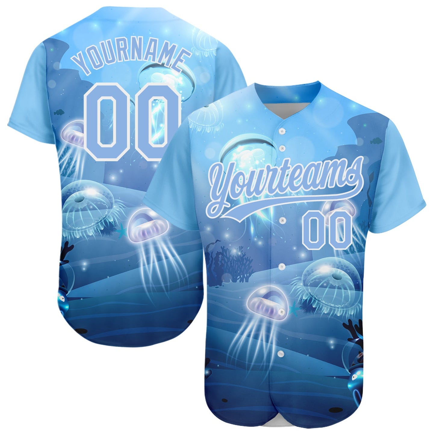 Custom Light Blue White 3D Pattern Design Jellyfish Underwater Life Authentic Baseball Jersey - Main View