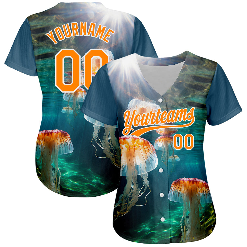 Custom Navy Bay Orange-White 3D Pattern Design Jellyfish In The Ocean Authentic Baseball Jersey view 2