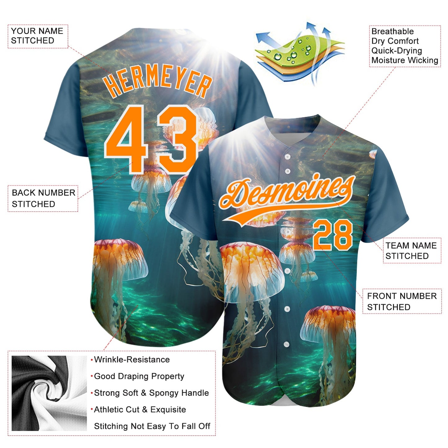 Custom Navy Bay Orange-White 3D Pattern Design Jellyfish In The Ocean Authentic Baseball Jersey view 3