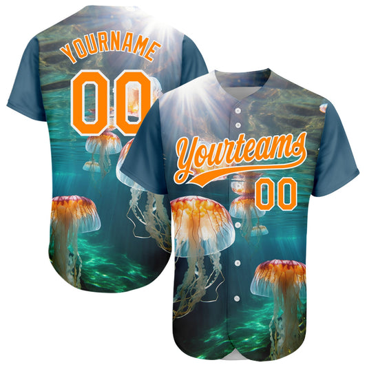 Custom Navy Bay Orange-White 3D Pattern Design Jellyfish In The Ocean Authentic Baseball Jersey - Main View