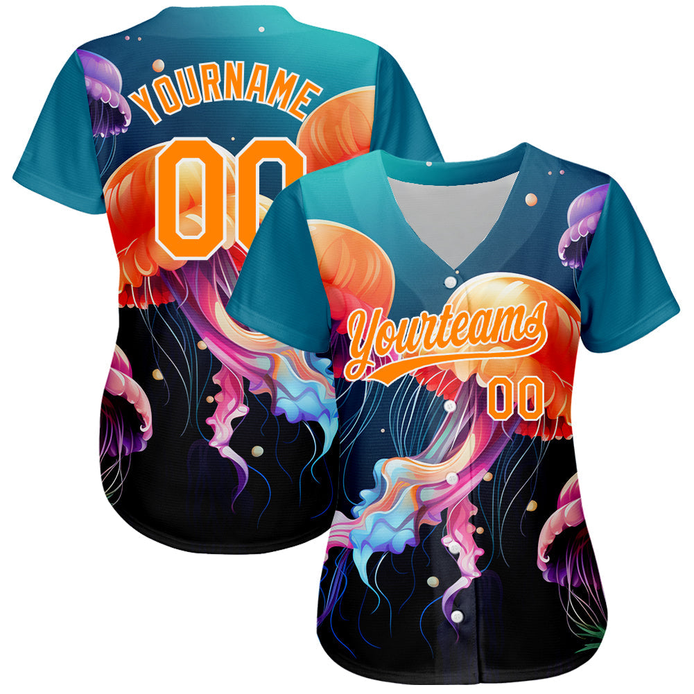 Custom Navy Bay Orange-White 3D Pattern Design Jellyfish Floating In The Ocean Authentic Baseball Jersey view 2