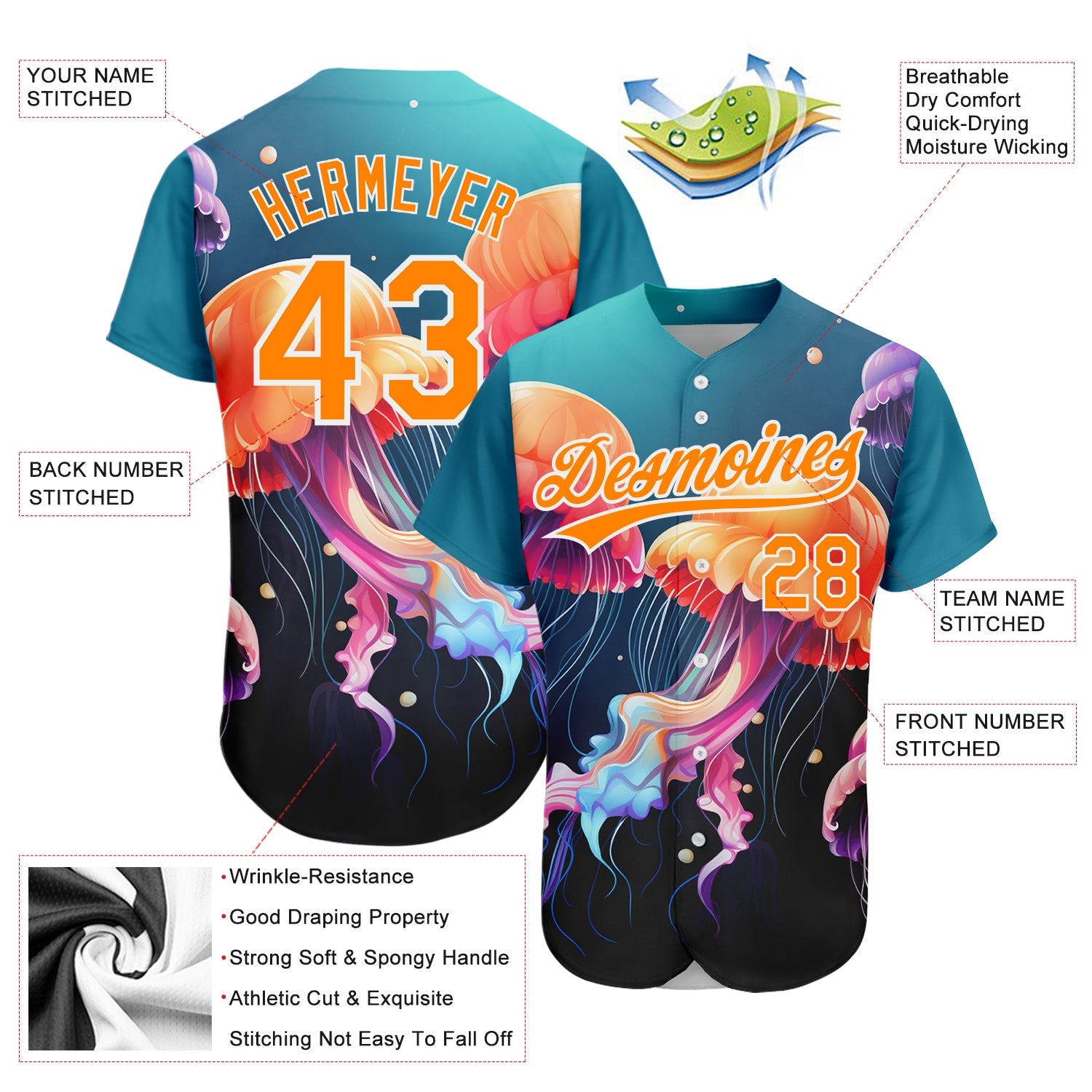 Custom Navy Bay Orange-White 3D Pattern Design Jellyfish Floating In The Ocean Authentic Baseball Jersey view 3