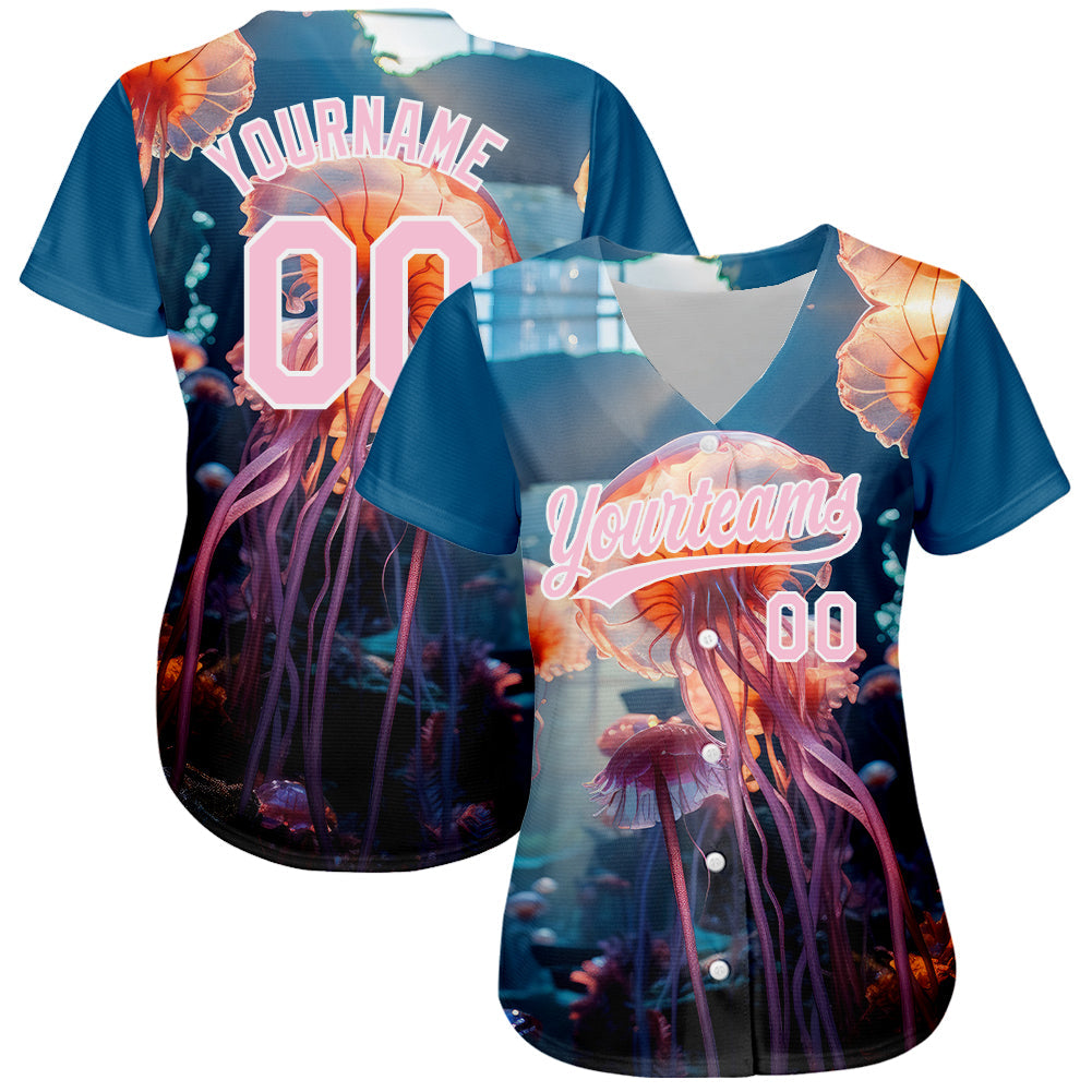 Custom Navy Light Pink-White 3D Pattern Design Jellyfish Floating In The Ocean Authentic Baseball Jersey view 2