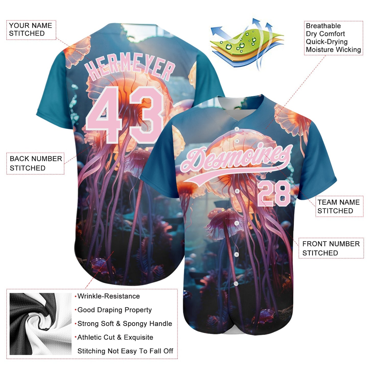 Custom Navy Light Pink-White 3D Pattern Design Jellyfish Floating In The Ocean Authentic Baseball Jersey view 3