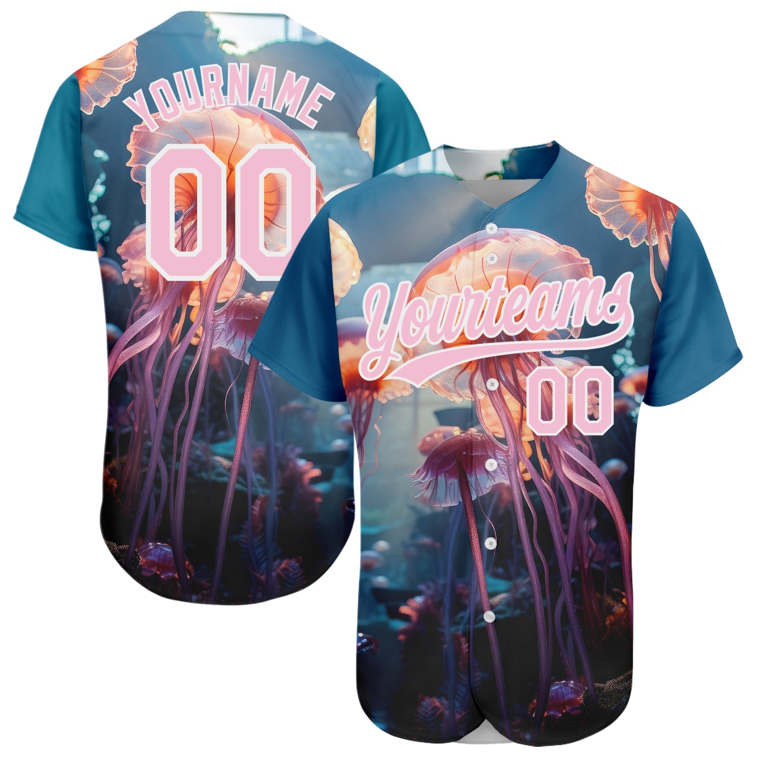 Custom Navy Light Pink-White 3D Pattern Design Jellyfish Floating In The Ocean Authentic Baseball Jersey - Main View