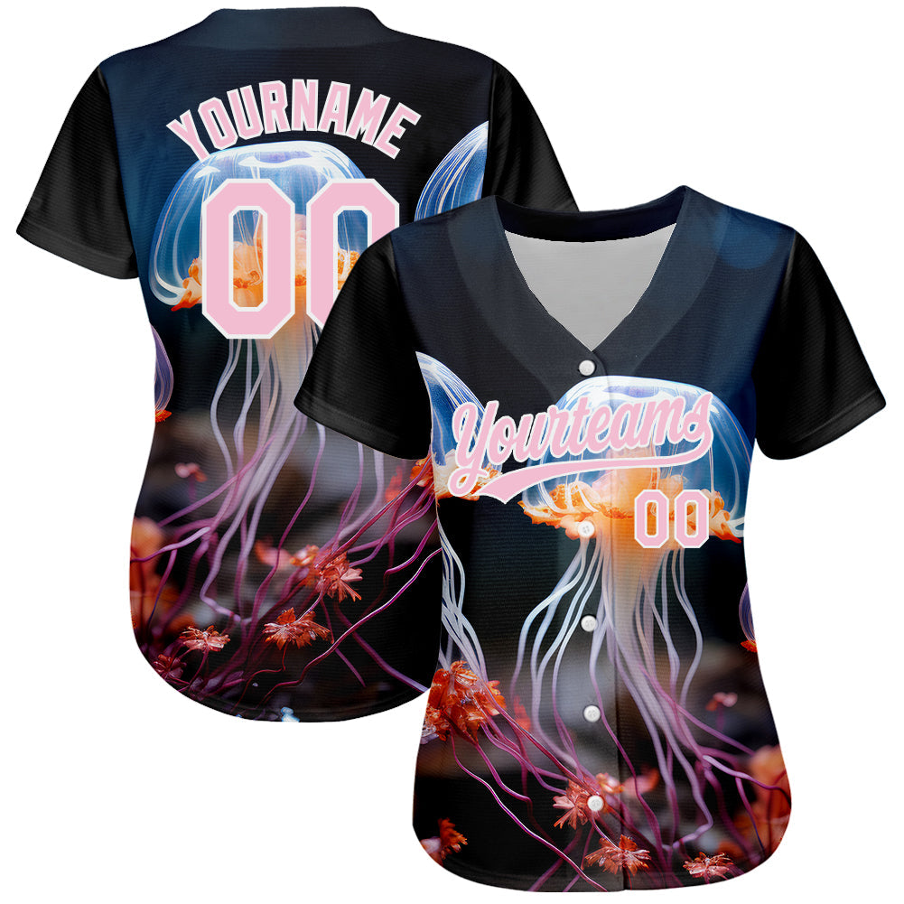 Custom Black Light Pink-White 3D Pattern Design Jellyfish Underwater Life Authentic Baseball Jersey view 2