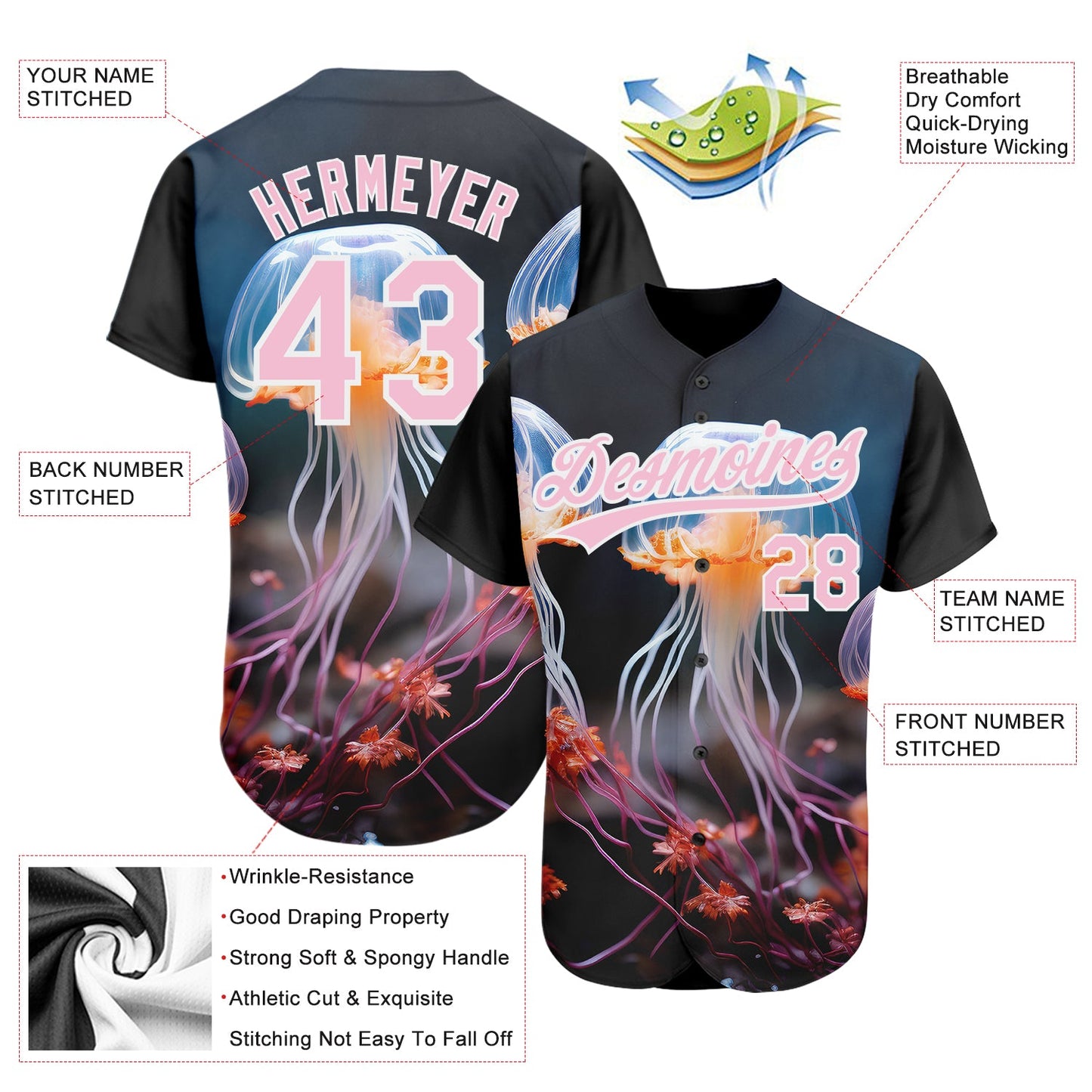Custom Black Light Pink-White 3D Pattern Design Jellyfish Underwater Life Authentic Baseball Jersey view 3