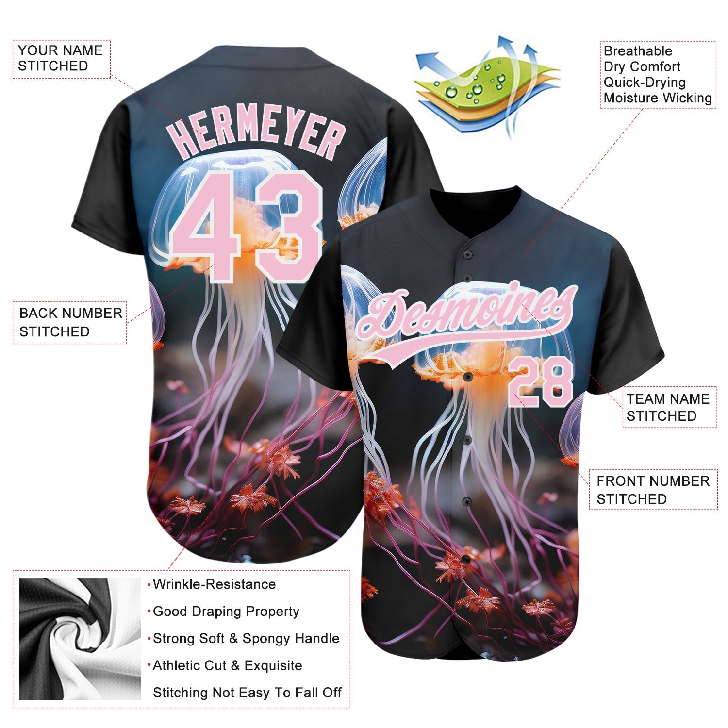 Custom Black Light Pink-White 3D Pattern Design Jellyfish Underwater Life Authentic Baseball Jersey view 3