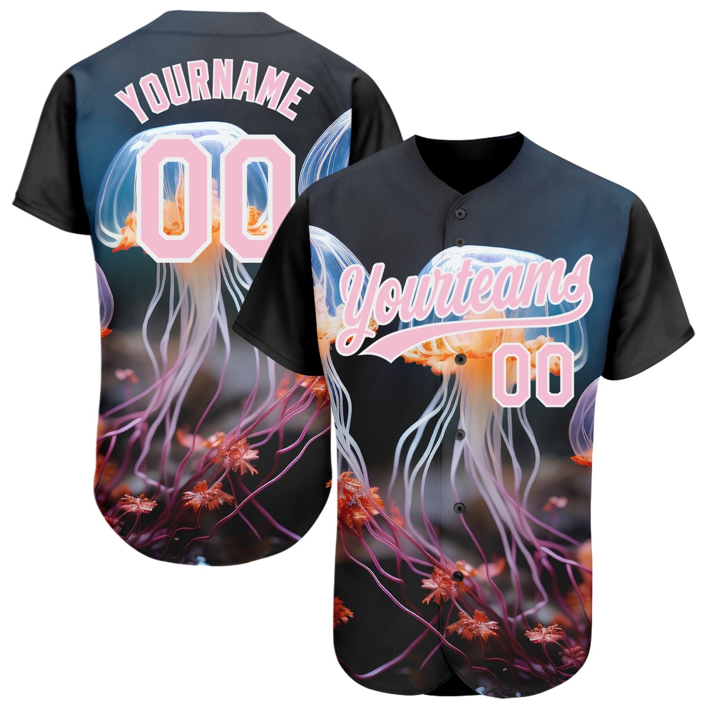 Custom Black Light Pink-White 3D Pattern Design Jellyfish Underwater Life Authentic Baseball Jersey - Main View