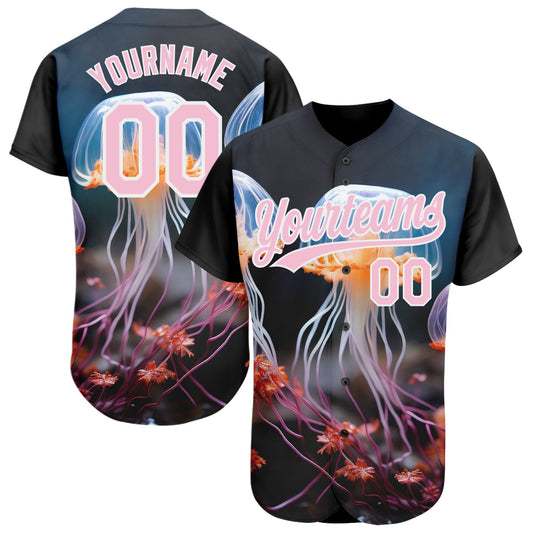 Custom Black Light Pink-White 3D Pattern Design Jellyfish Underwater Life Authentic Baseball Jersey - Main View