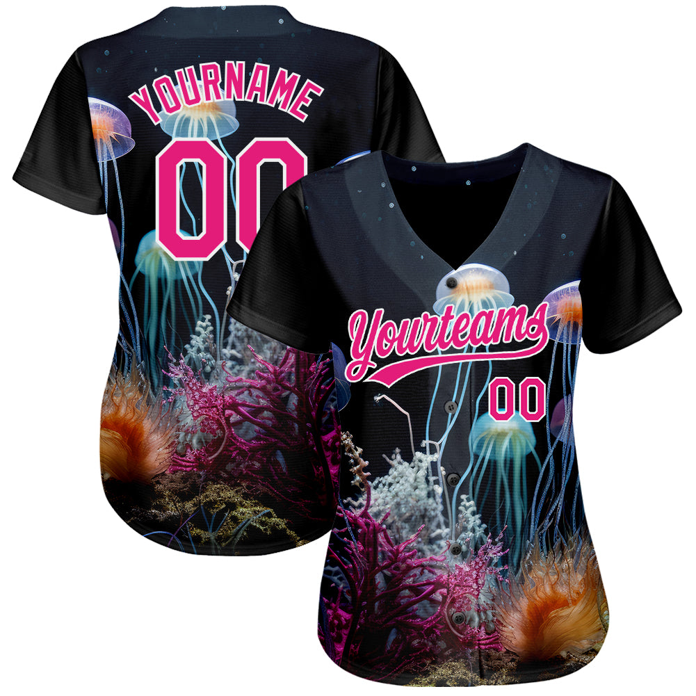 Custom Navy Hot Pink-White 3D Pattern Design Jellyfish Underwater Life Authentic Baseball Jersey view 2