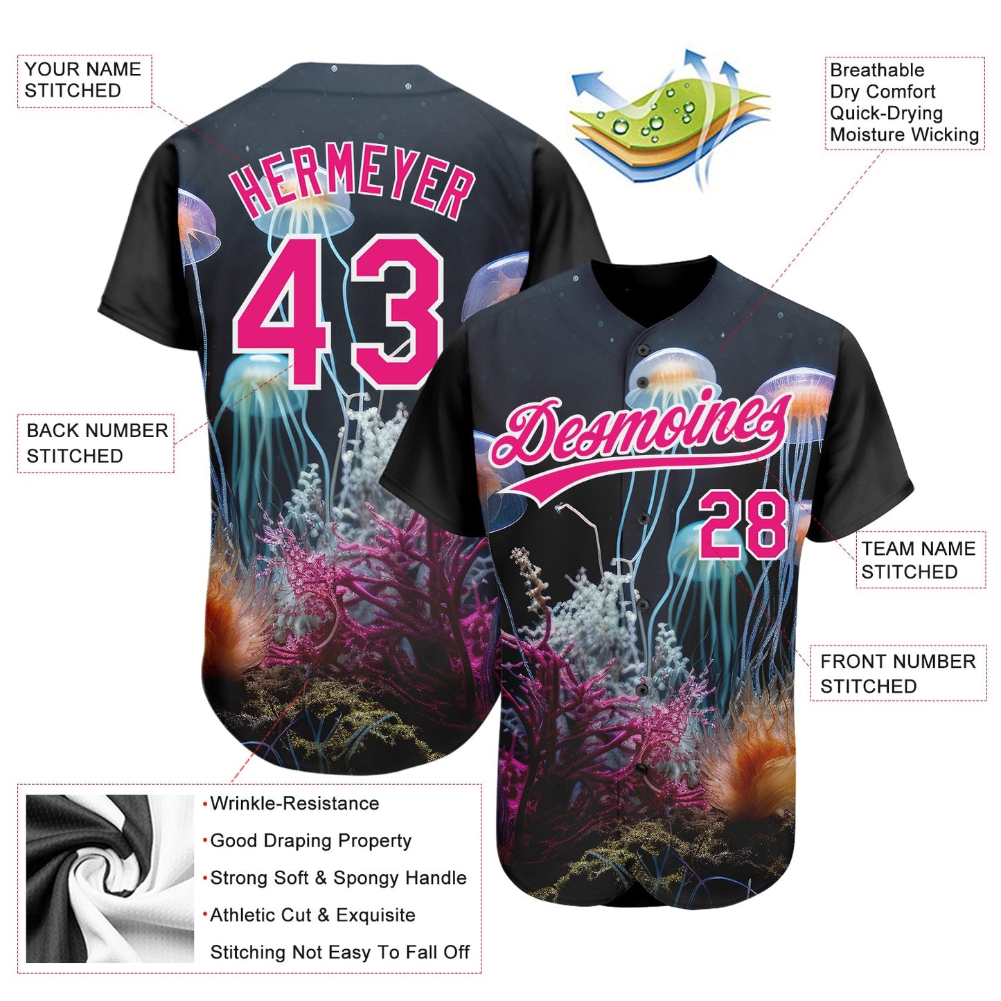 Custom Navy Hot Pink-White 3D Pattern Design Jellyfish Underwater Life Authentic Baseball Jersey view 3