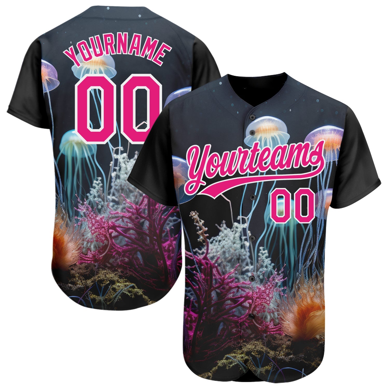 Custom Navy Hot Pink-White 3D Pattern Design Jellyfish Underwater Life Authentic Baseball Jersey - Main View