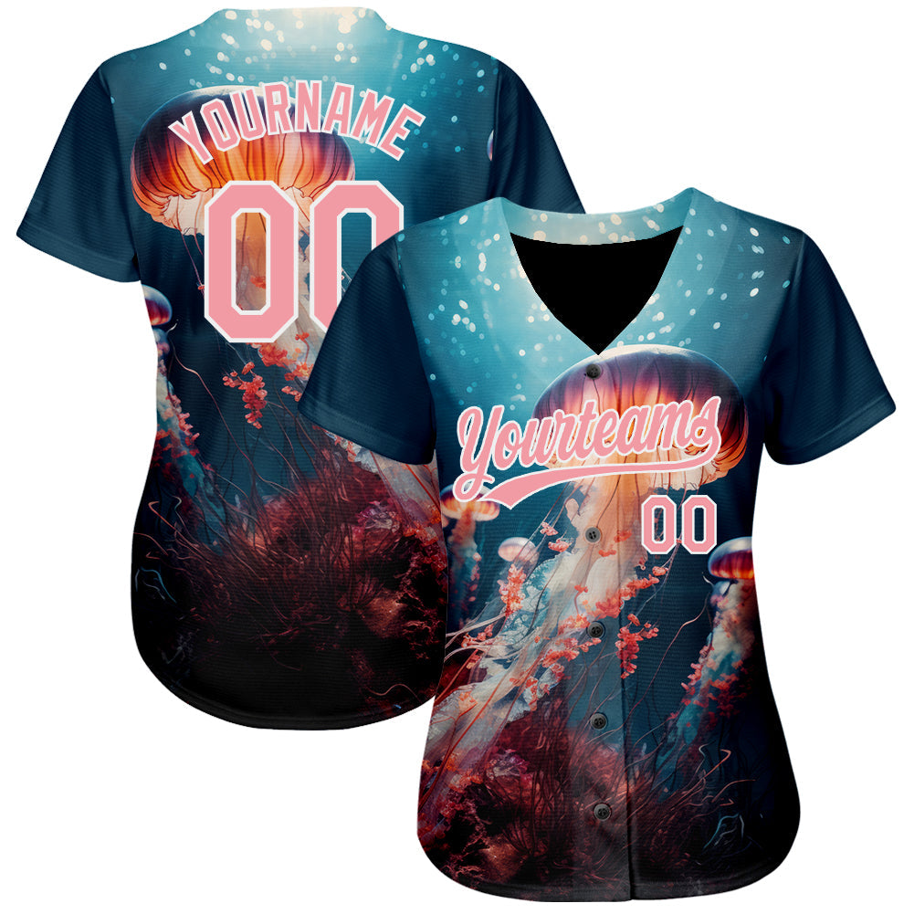 Custom Navy Medium Pink-White 3D Pattern Design Jellyfish Under Water With Light Shining Authentic Baseball Jersey view 2