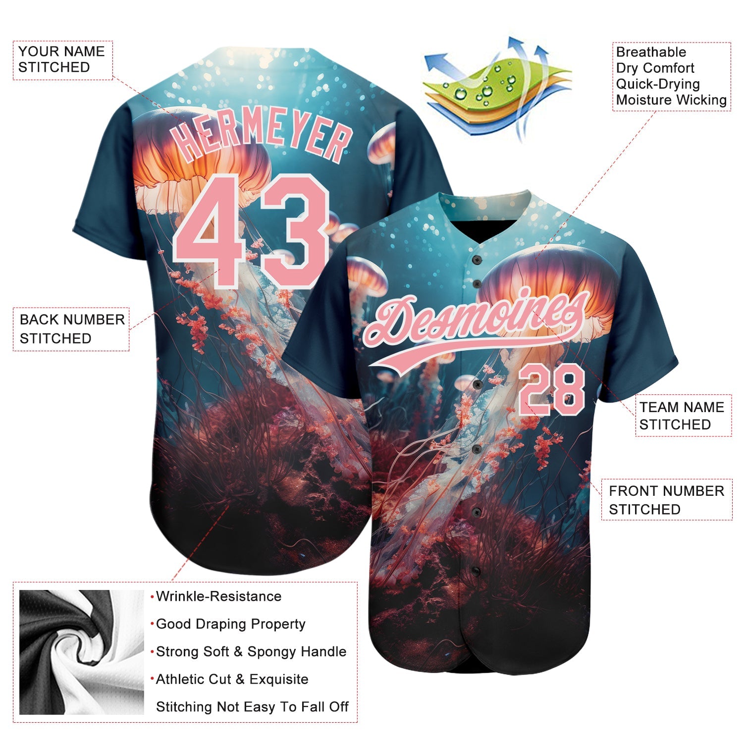 Custom Navy Medium Pink-White 3D Pattern Design Jellyfish Under Water With Light Shining Authentic Baseball Jersey view 3