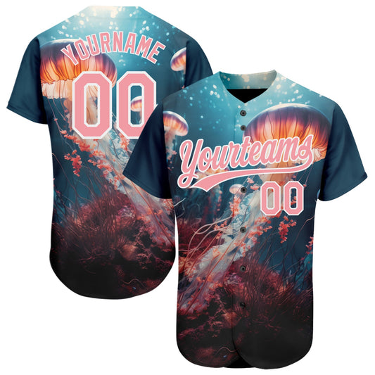 Custom Navy Medium Pink-White 3D Pattern Design Jellyfish Under Water With Light Shining Authentic Baseball Jersey - Main View