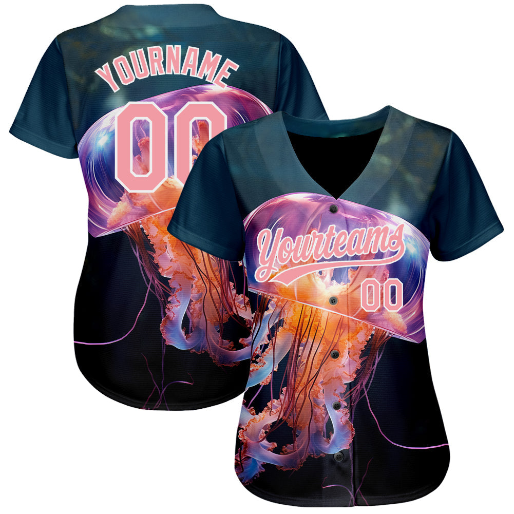Custom Navy Medium Pink-White 3D Pattern Design Jellyfish Swimming In The Water Authentic Baseball Jersey view 2