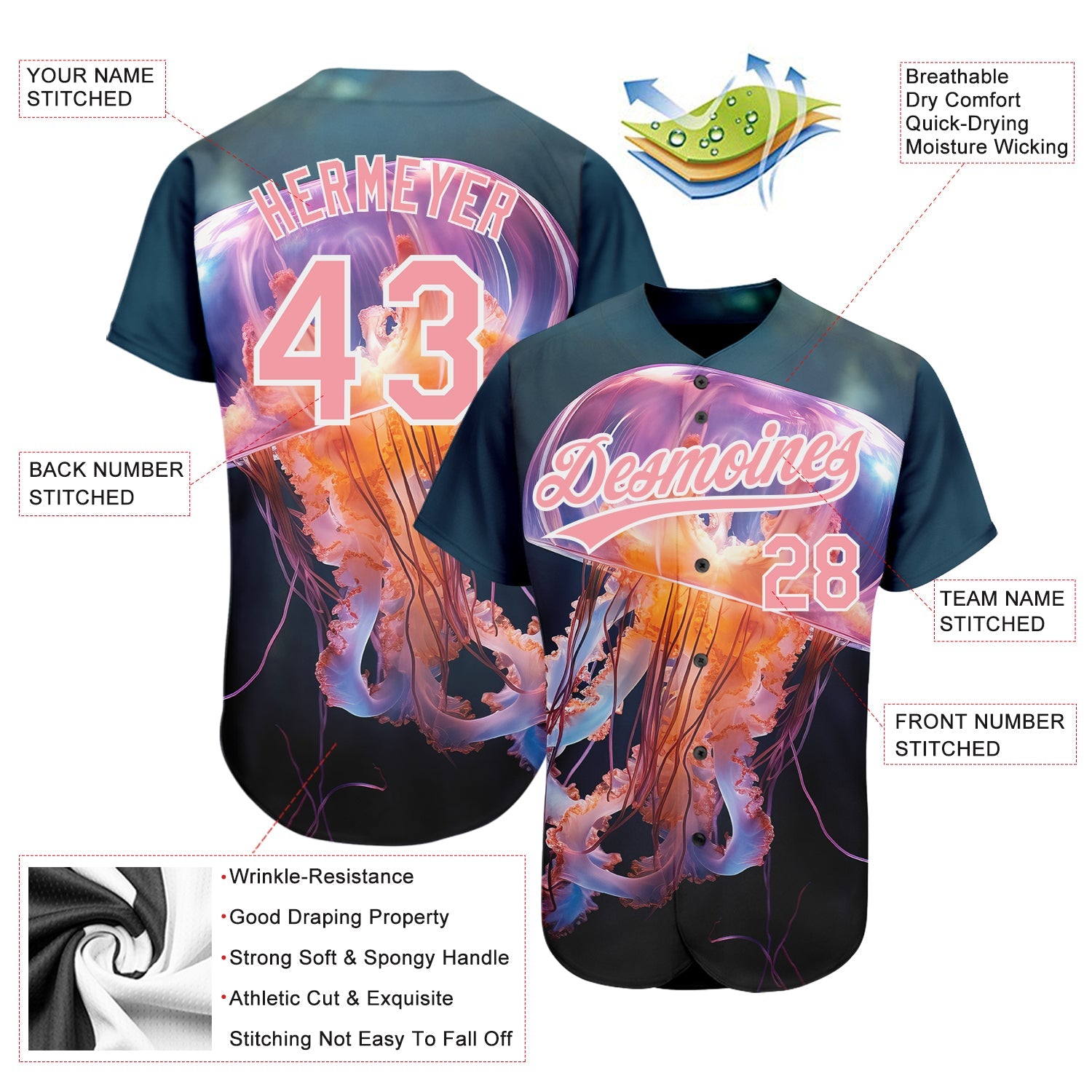 Custom Navy Medium Pink-White 3D Pattern Design Jellyfish Swimming In The Water Authentic Baseball Jersey view 3