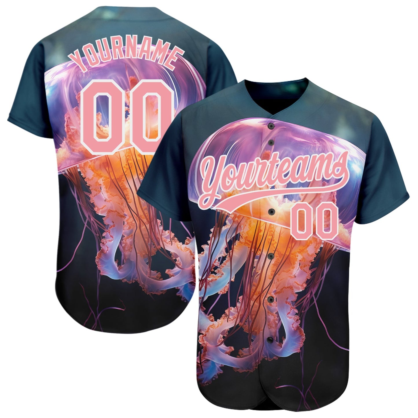 Custom Navy Medium Pink-White 3D Pattern Design Jellyfish Swimming In The Water Authentic Baseball Jersey - Main View
