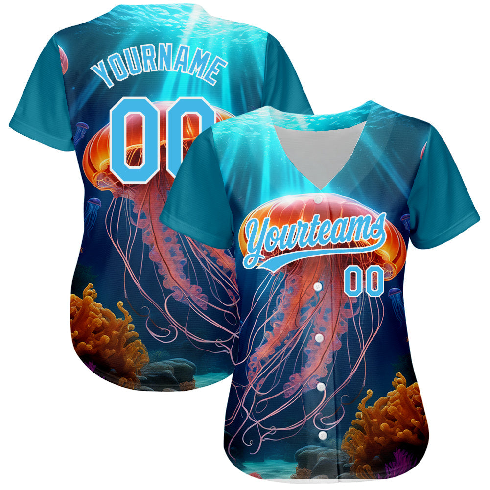 Custom Sky Blue White 3D Pattern Design Jellyfish Floating In The Ocean Authentic Baseball Jersey view 2