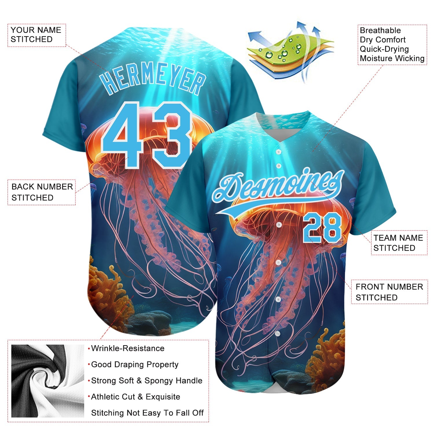 Custom Sky Blue White 3D Pattern Design Jellyfish Floating In The Ocean Authentic Baseball Jersey view 3
