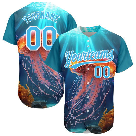 Custom Sky Blue White 3D Pattern Design Jellyfish Floating In The Ocean Authentic Baseball Jersey - Main View