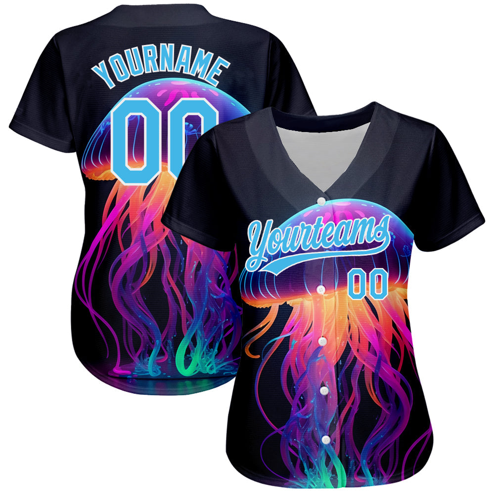 Custom Black Sky Blue-White 3D Pattern Design Neon Jellyfish Authentic Baseball Jersey view 2