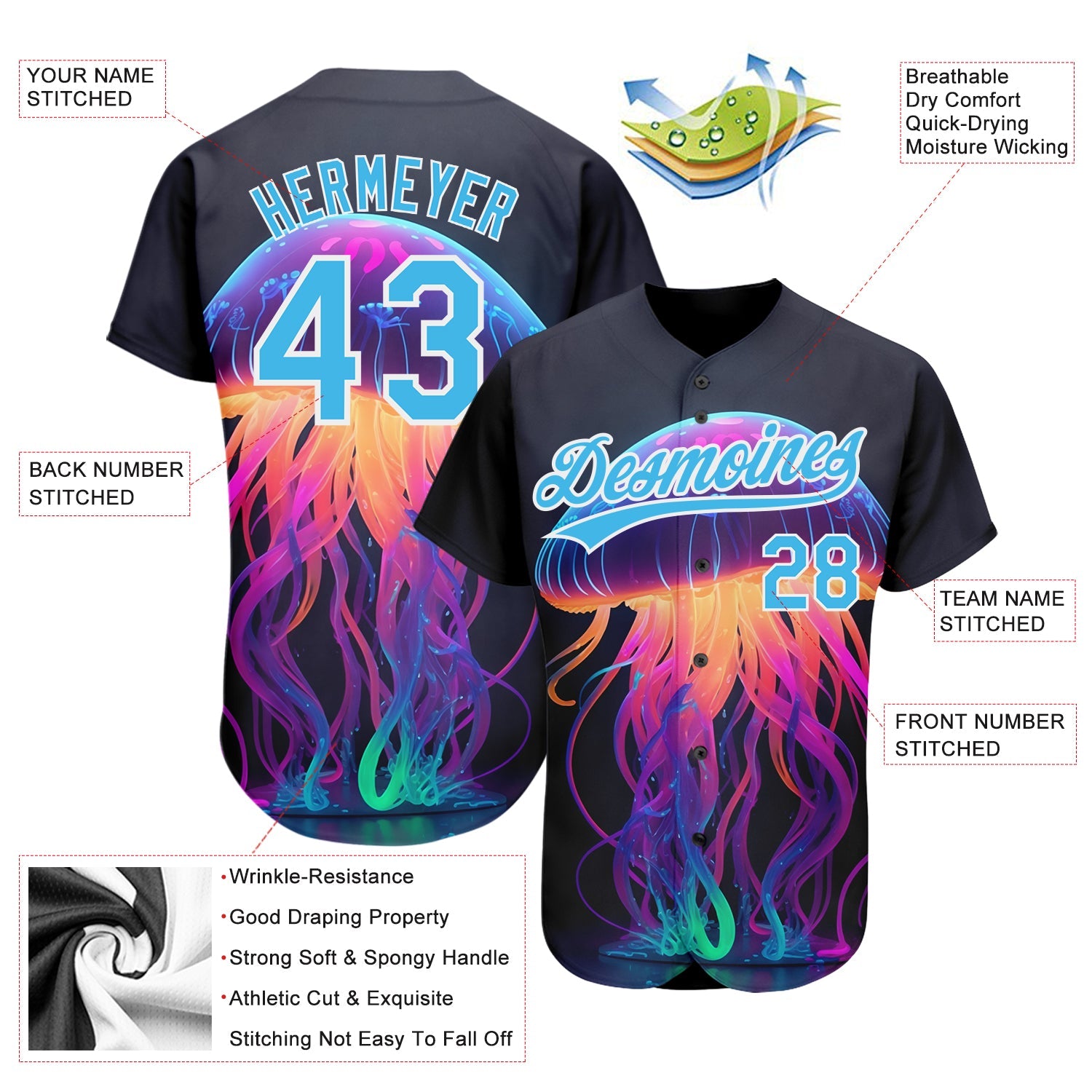 Custom Black Sky Blue-White 3D Pattern Design Neon Jellyfish Authentic Baseball Jersey view 3