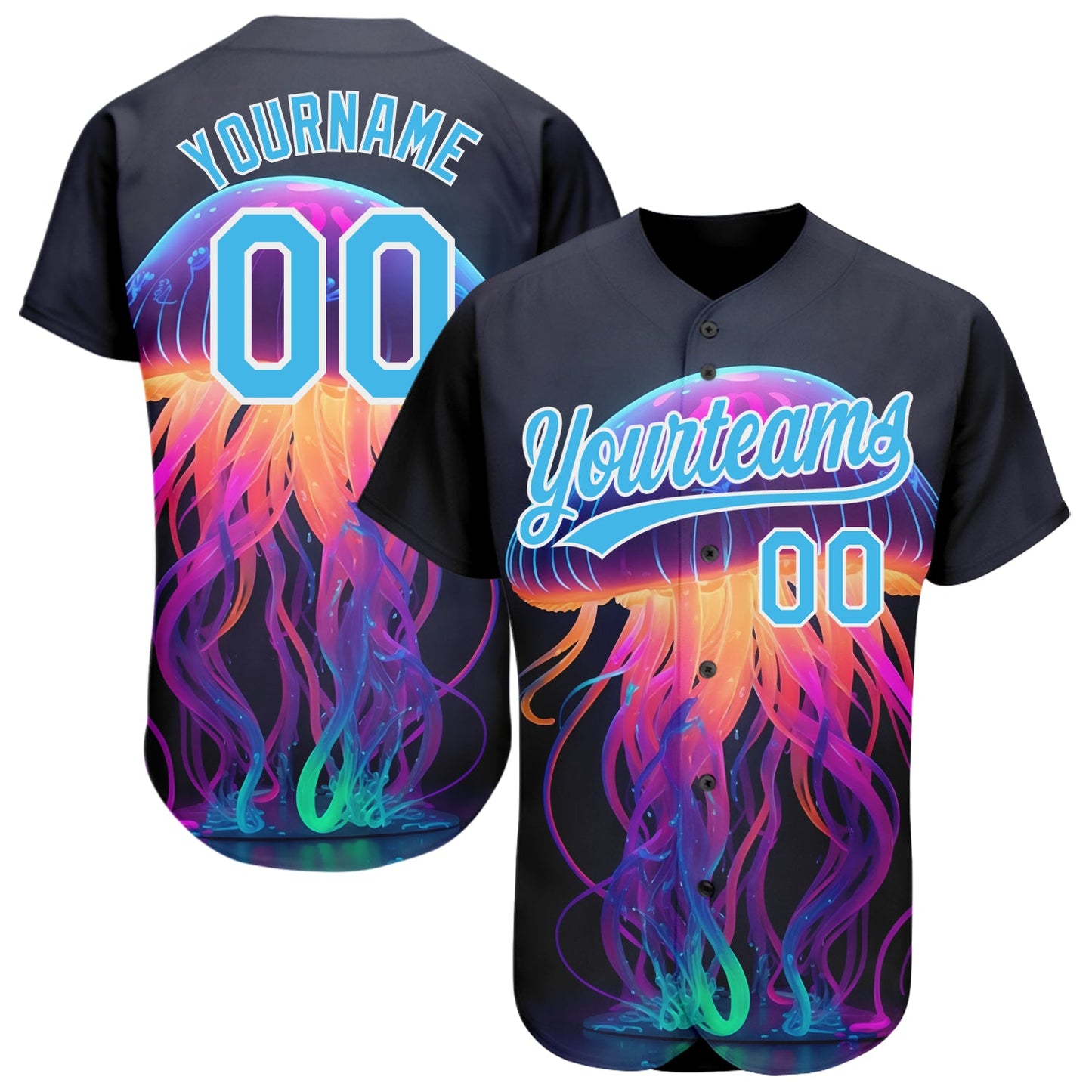 Custom Black Sky Blue-White 3D Pattern Design Neon Jellyfish Authentic Baseball Jersey - Main View