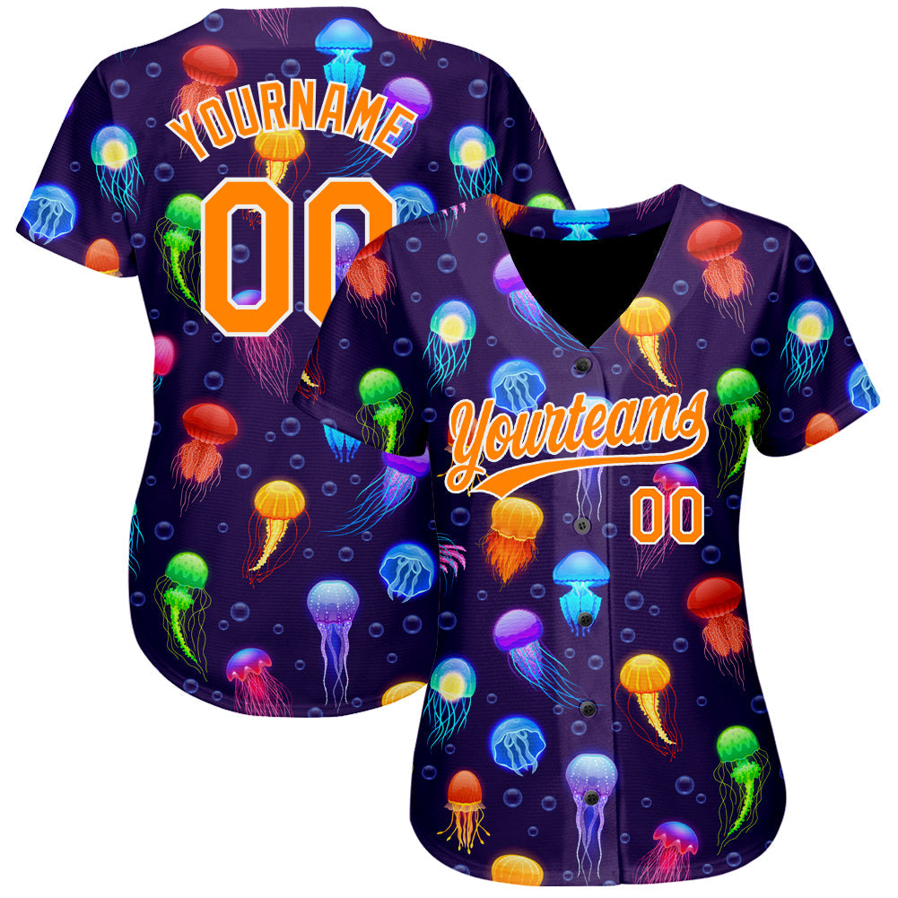 Custom Purple Bay Orange-White 3D Pattern Design Colorful Cartoon Jellyfish Authentic Baseball Jersey view 2