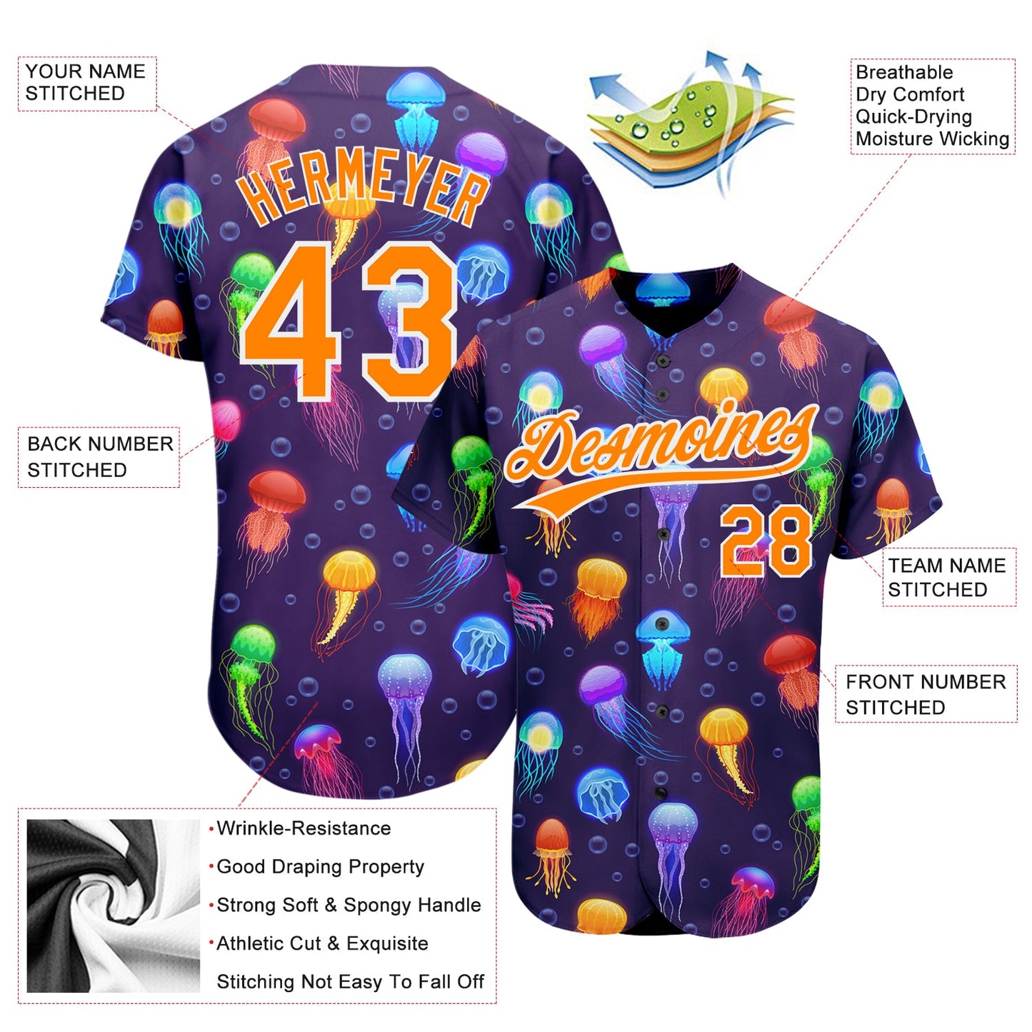 Custom Purple Bay Orange-White 3D Pattern Design Colorful Cartoon Jellyfish Authentic Baseball Jersey view 3