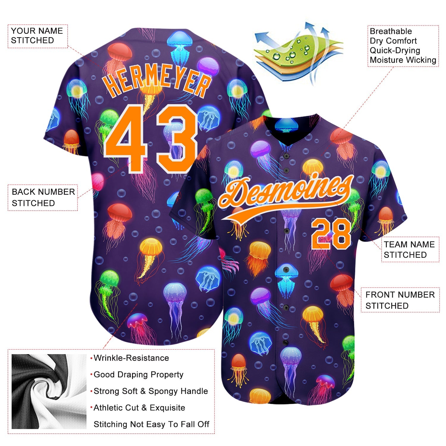 Custom Purple Bay Orange-White 3D Pattern Design Colorful Cartoon Jellyfish Authentic Baseball Jersey view 3
