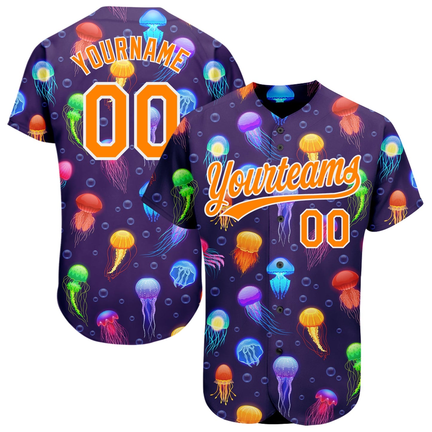 Custom Purple Bay Orange-White 3D Pattern Design Colorful Cartoon Jellyfish Authentic Baseball Jersey - Main View