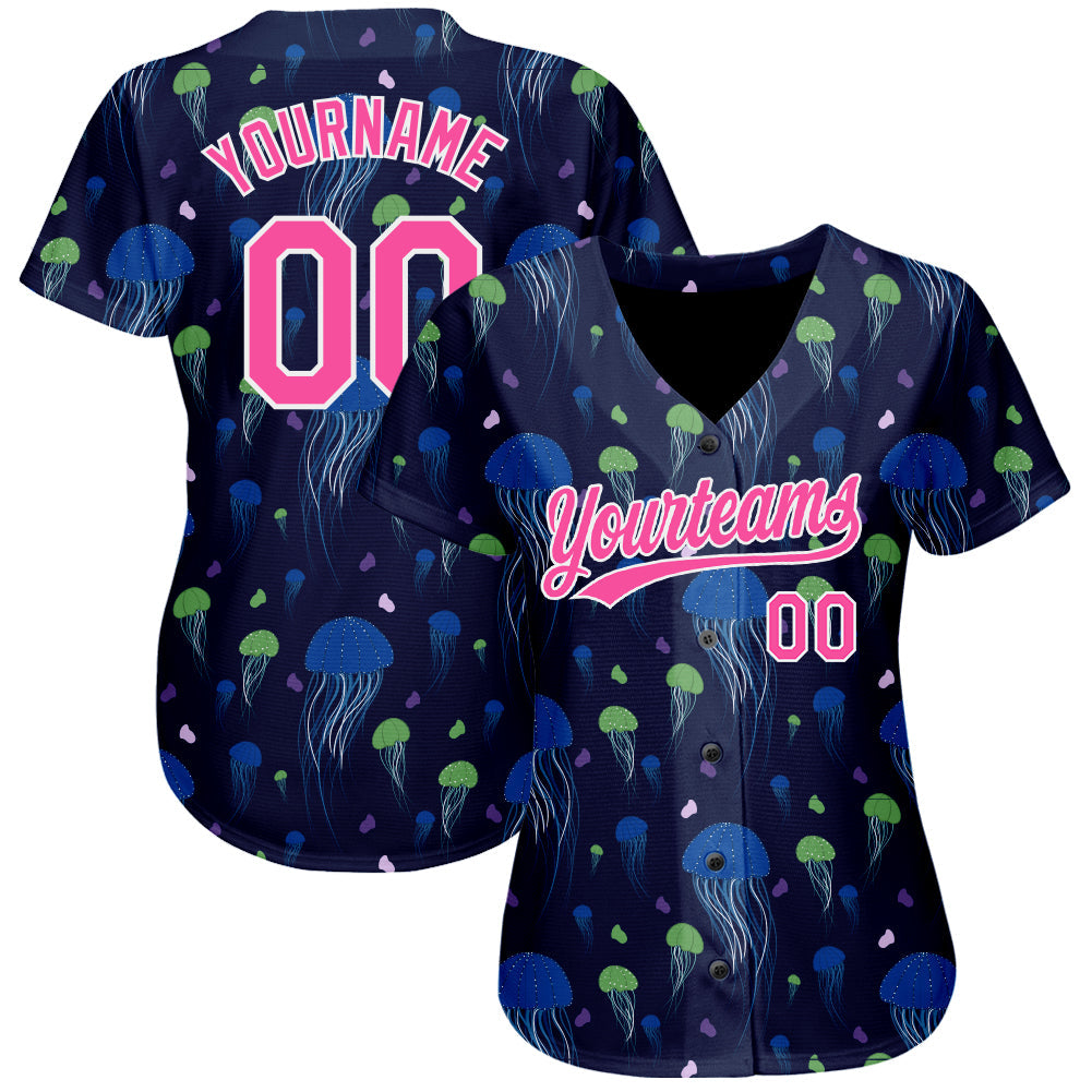 Custom Navy Pink-White 3D Pattern Design Jellyfish Authentic Baseball Jersey view 2