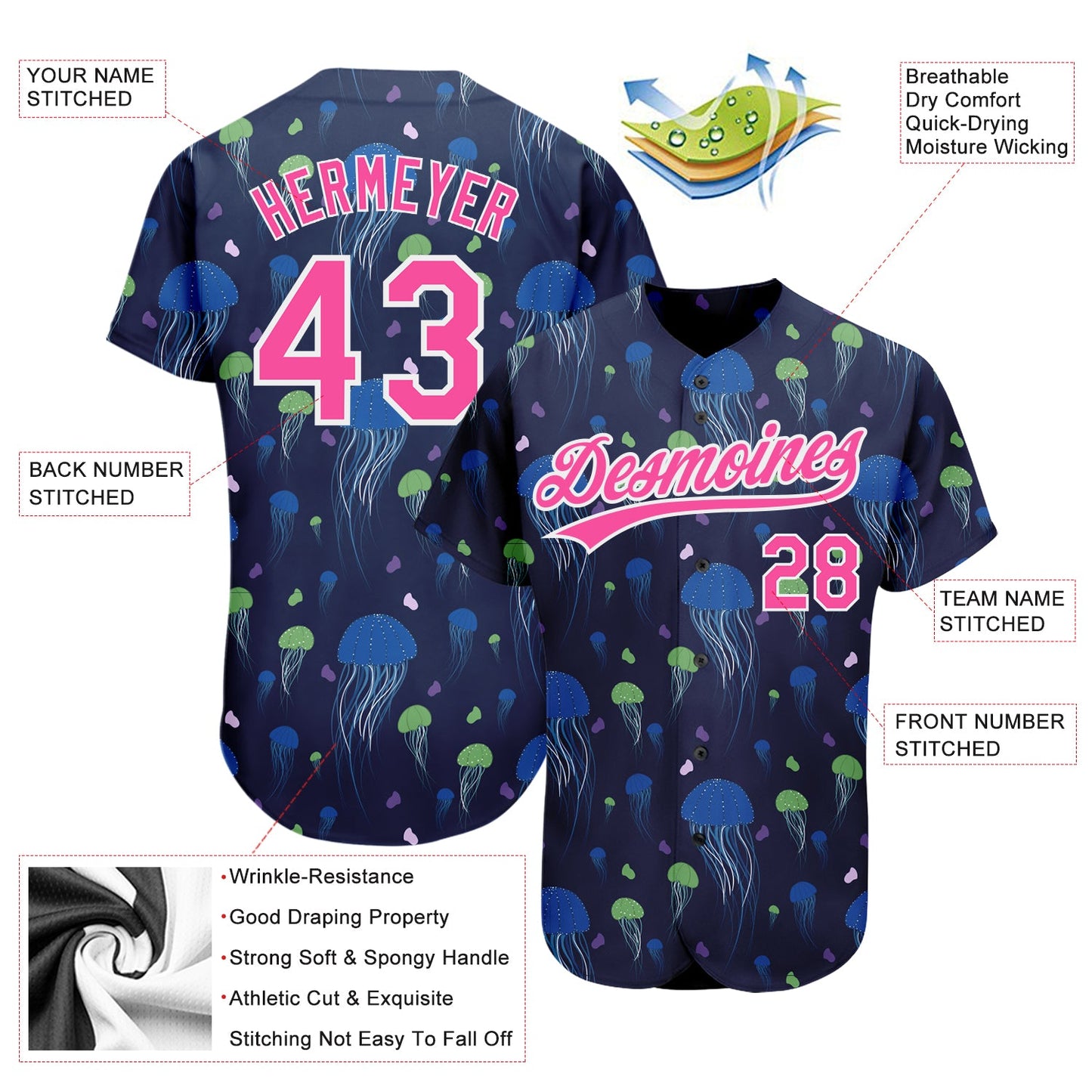 Custom Navy Pink-White 3D Pattern Design Jellyfish Authentic Baseball Jersey view 3