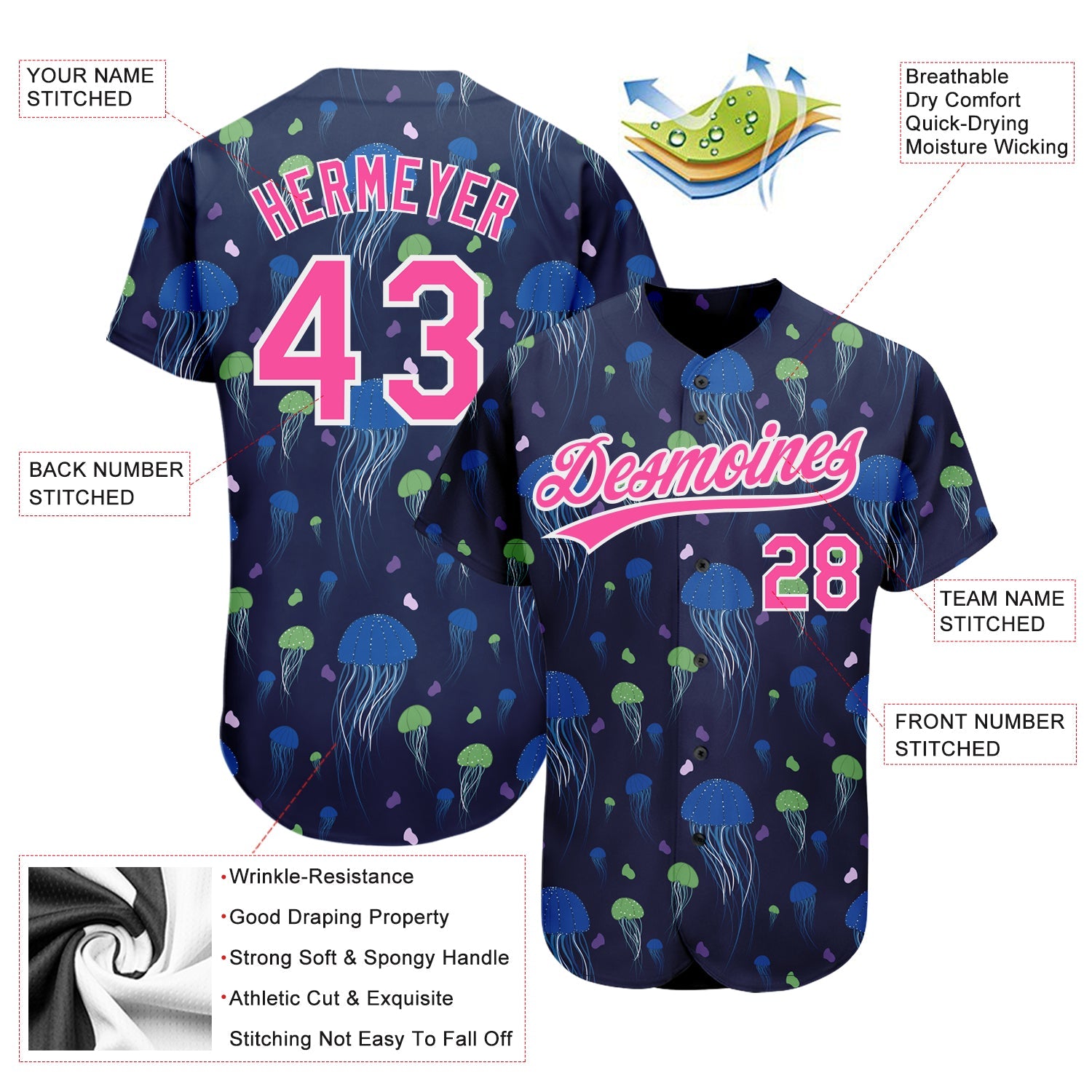 Custom Navy Pink-White 3D Pattern Design Jellyfish Authentic Baseball Jersey view 3