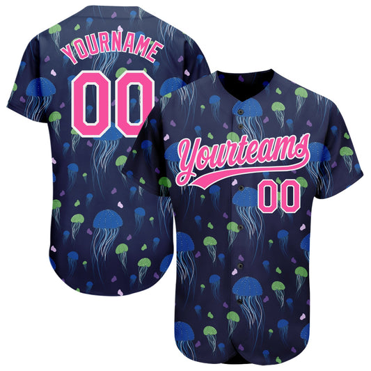Custom Navy Pink-White 3D Pattern Design Jellyfish Authentic Baseball Jersey - Main View