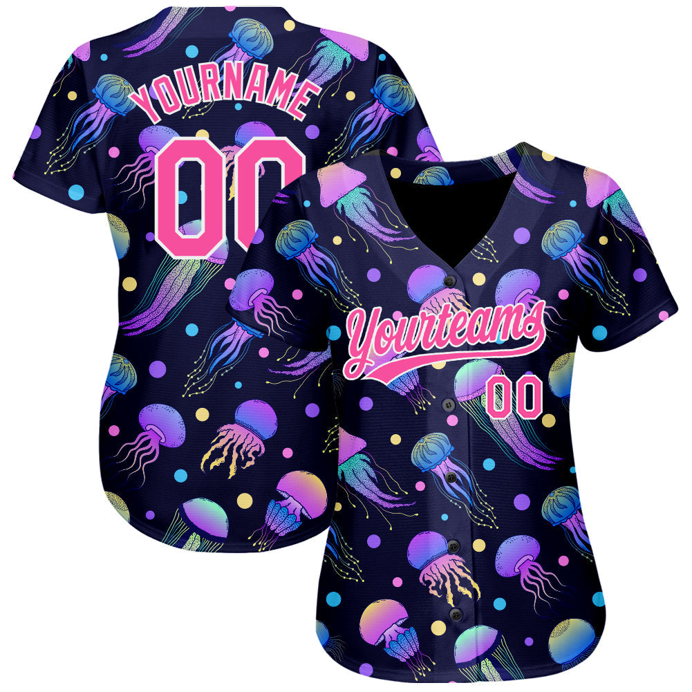 Custom Navy Pink-White 3D Pattern Design Colorful Cartoon Jellyfish Authentic Baseball Jersey view 2
