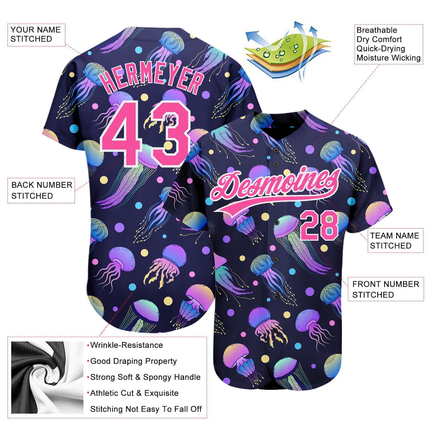 Custom Navy Pink-White 3D Pattern Design Colorful Cartoon Jellyfish Authentic Baseball Jersey view 3