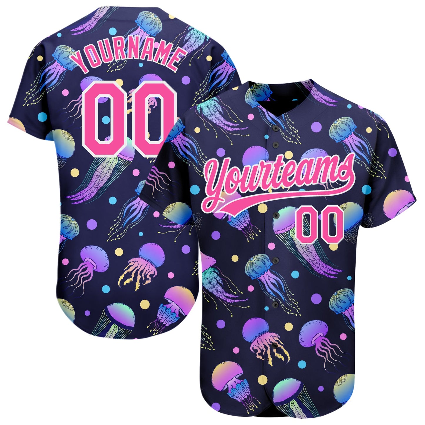 Custom Navy Pink-White 3D Pattern Design Colorful Cartoon Jellyfish Authentic Baseball Jersey - Main View