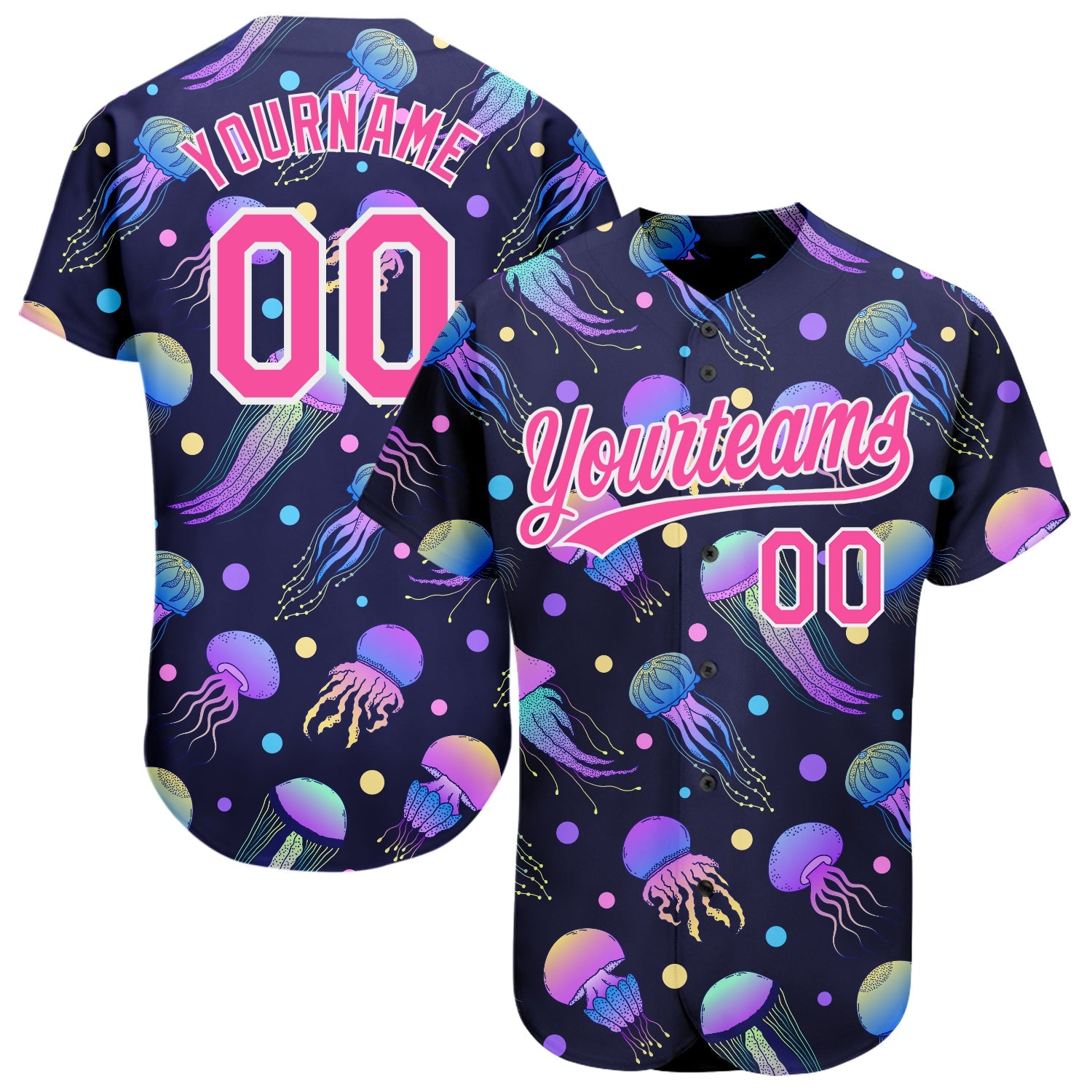 Custom Navy Pink-White 3D Pattern Design Colorful Cartoon Jellyfish Authentic Baseball Jersey - Main View