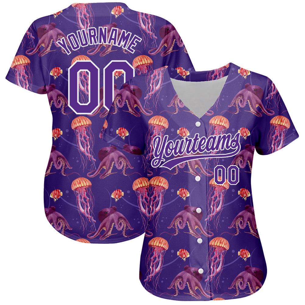 Custom Purple White 3D Pattern Design Jellyfish And Octopus Authentic Baseball Jersey view 2