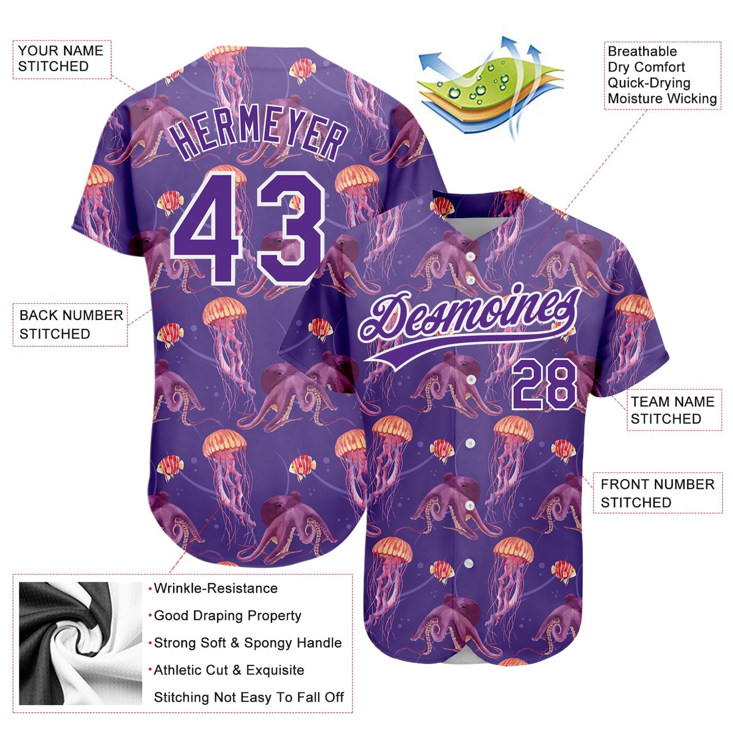 Custom Purple White 3D Pattern Design Jellyfish And Octopus Authentic Baseball Jersey view 3