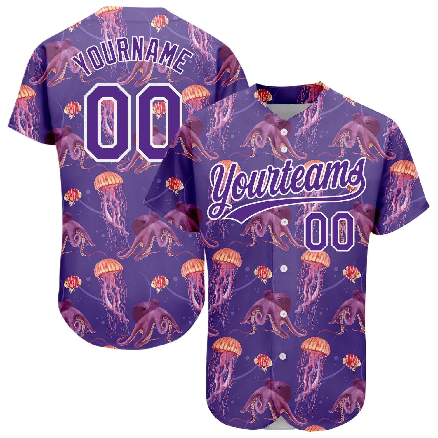 Custom Purple White 3D Pattern Design Jellyfish And Octopus Authentic Baseball Jersey - Main View