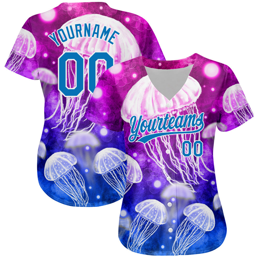 Custom Purple Blue-White 3D Pattern Design Jellyfish Authentic Baseball Jersey view 2