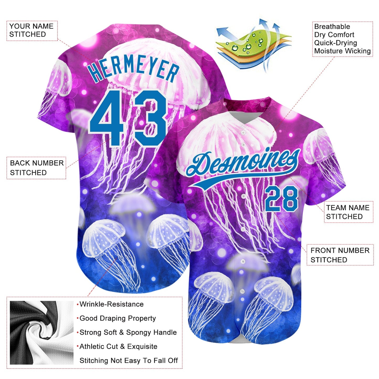 Custom Purple Blue-White 3D Pattern Design Jellyfish Authentic Baseball Jersey view 3