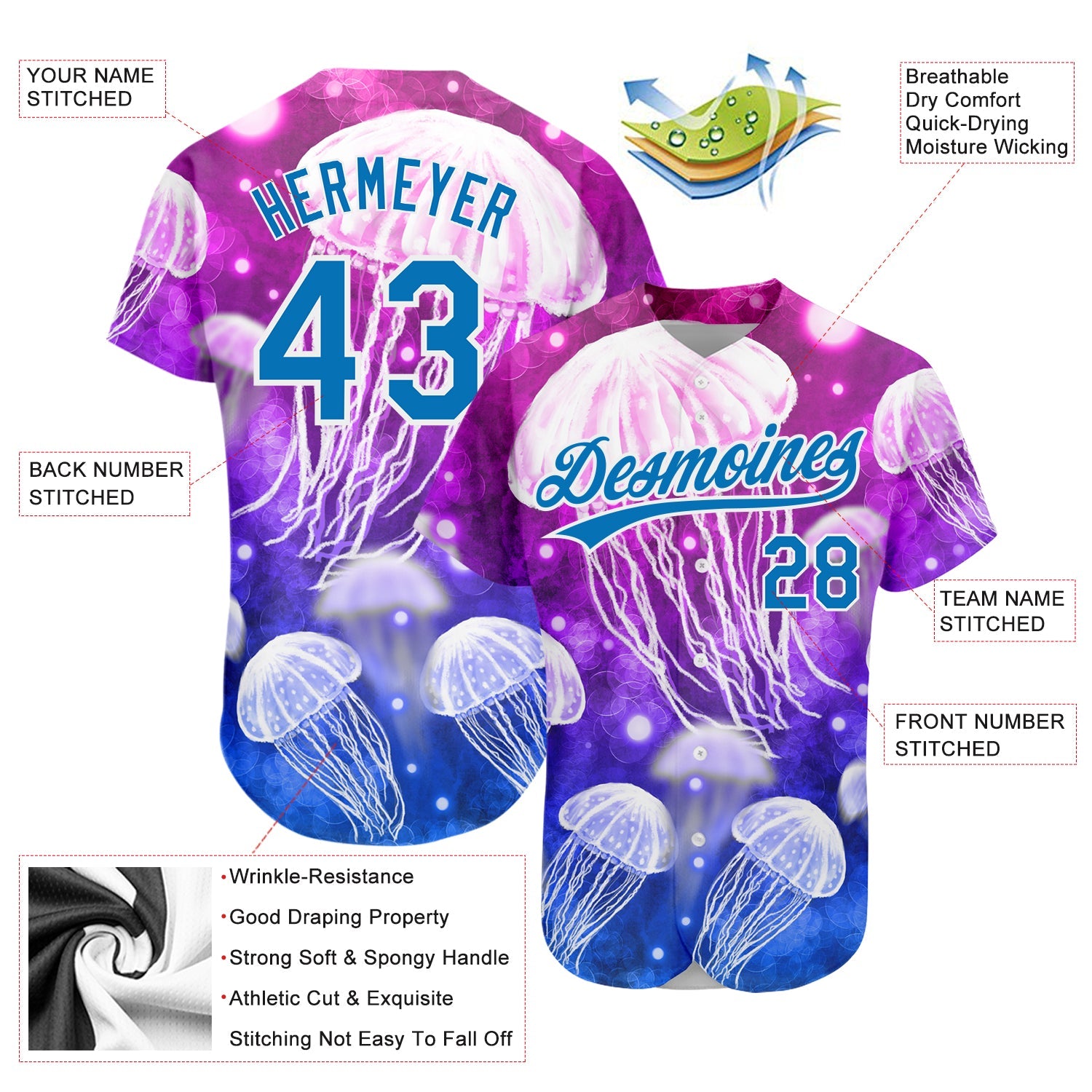 Custom Purple Blue-White 3D Pattern Design Jellyfish Authentic Baseball Jersey view 3