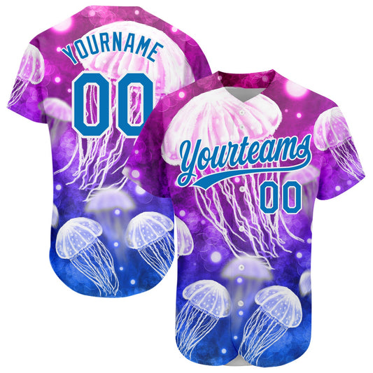 Custom Purple Blue-White 3D Pattern Design Jellyfish Authentic Baseball Jersey - Main View