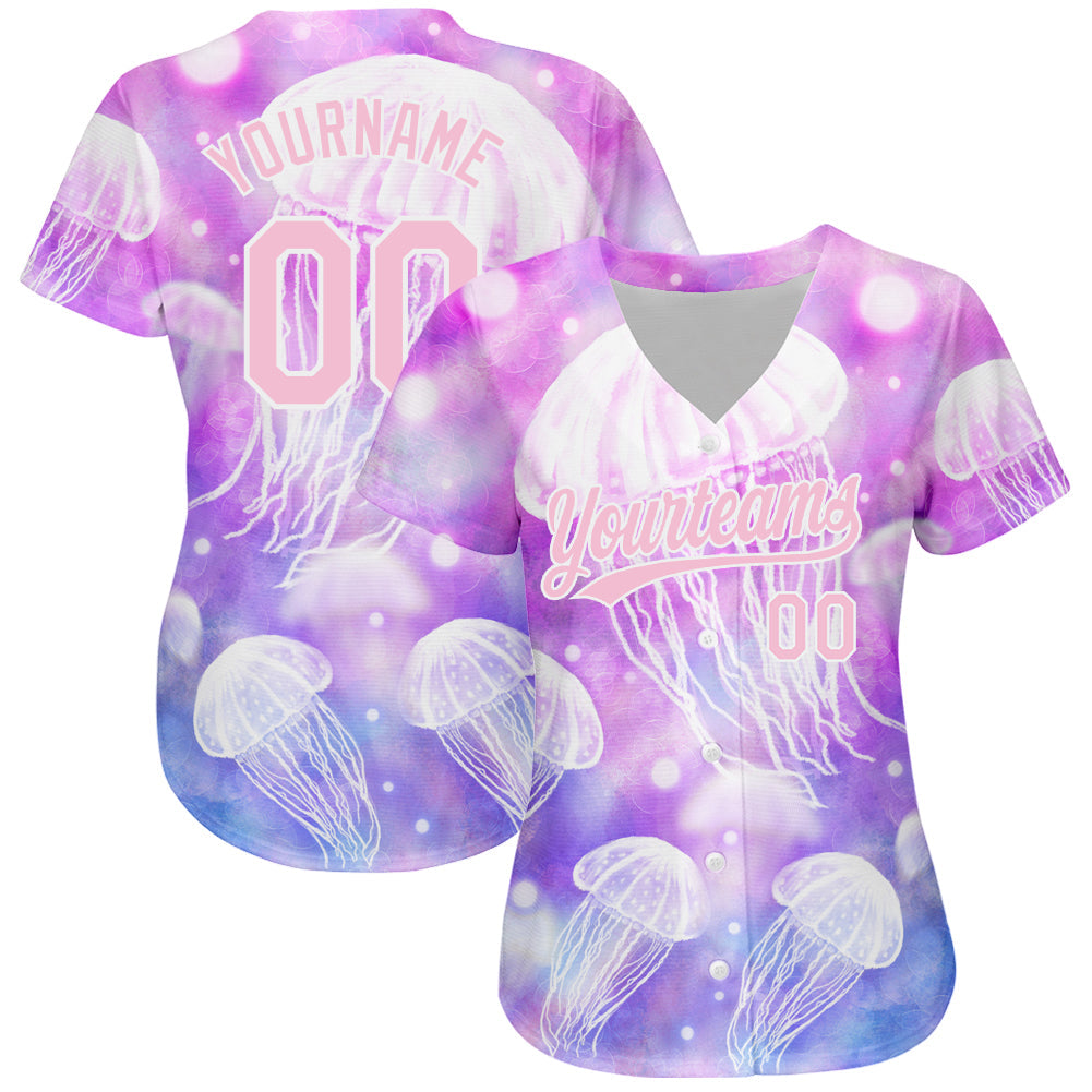 Custom Purple Light Pink-White 3D Pattern Design Jellyfish Authentic Baseball Jersey view 2