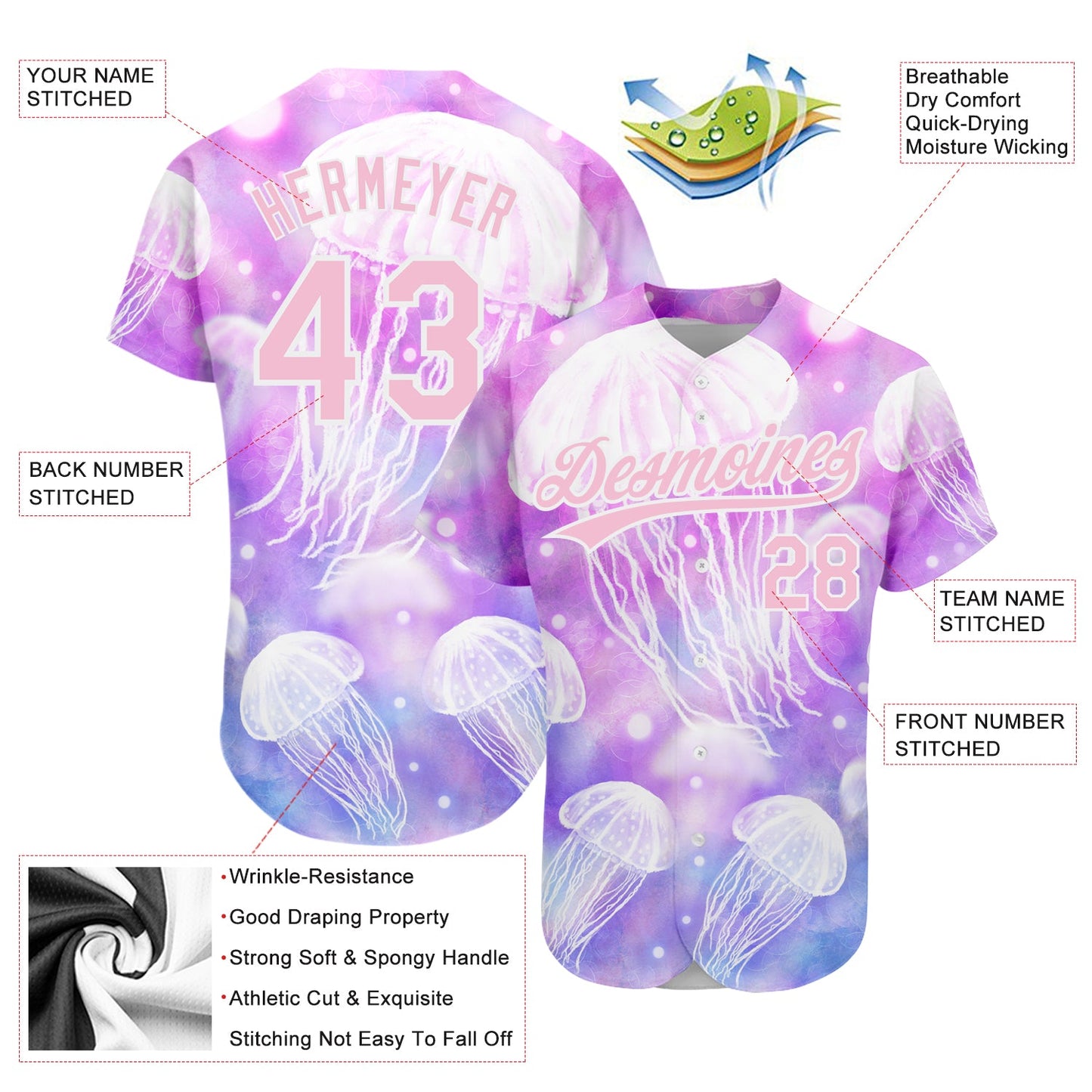 Custom Purple Light Pink-White 3D Pattern Design Jellyfish Authentic Baseball Jersey view 3
